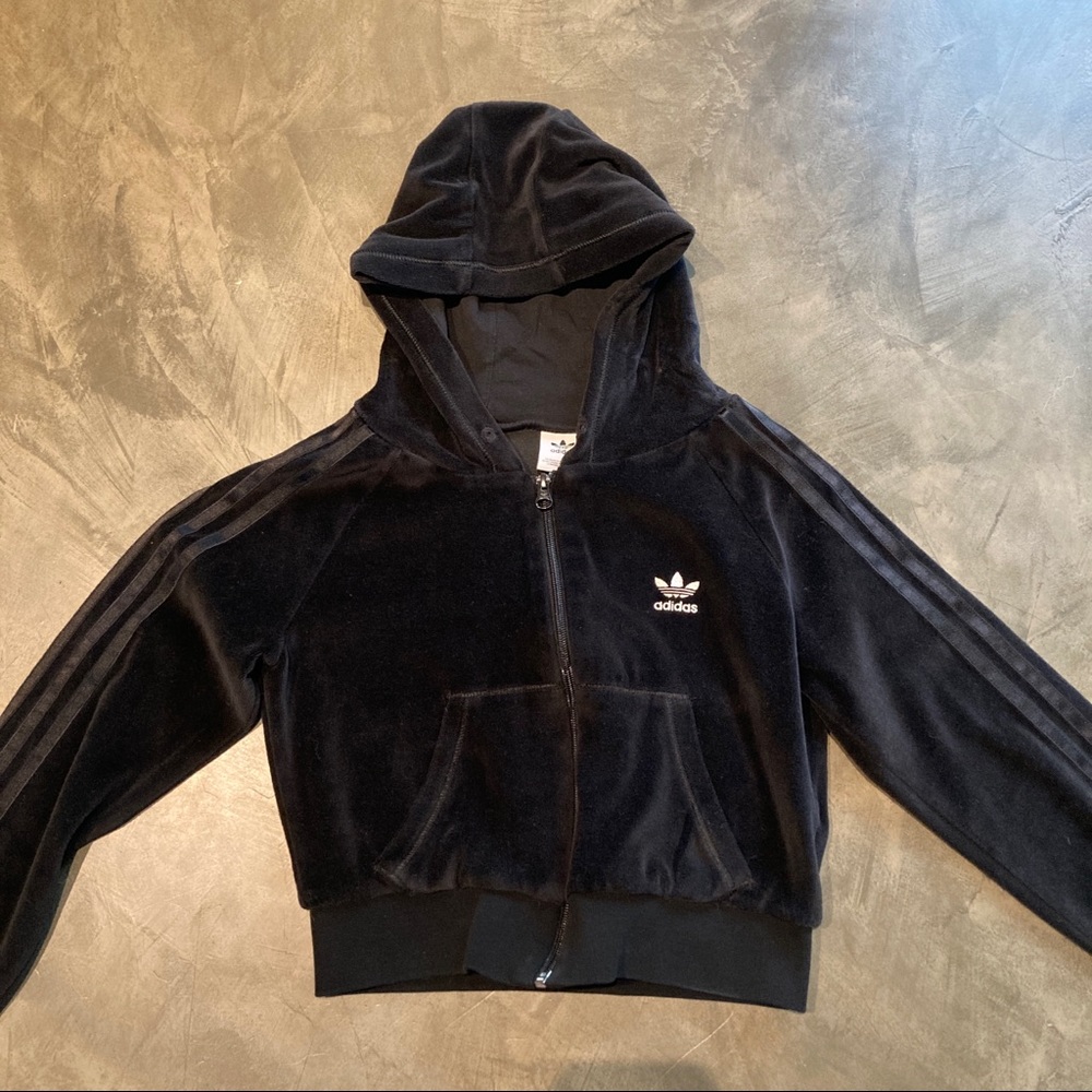 ADIDAS ORIGINALS LOUNGEWEAR CROPPED FULL ZIP HOODIE VELOUR BLACK WOMENS XS